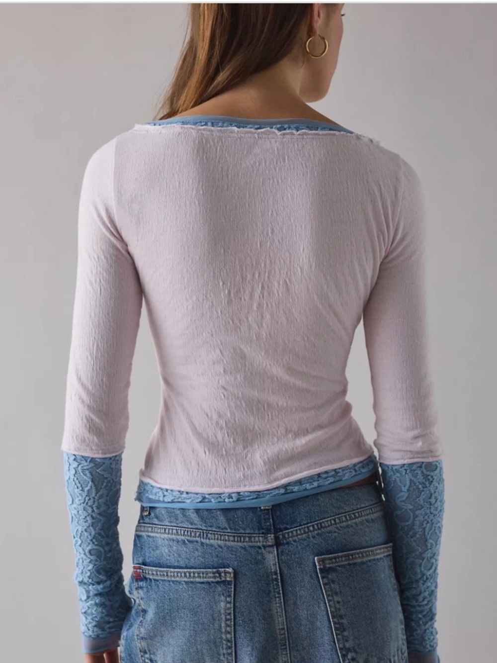 Kimchi Blue Pink Cropped Long Sleeve Top with Blue Trim & Teacup Print